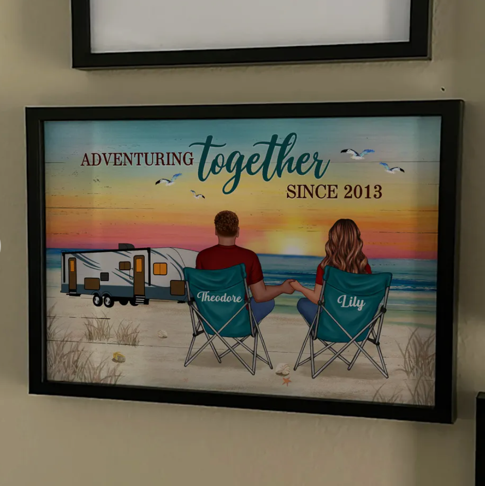 Back View Couple Camping Beach Landscape Personalized Horizontal Poster