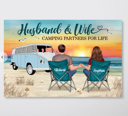 Back View Couple Camping Beach Landscape Personalized Horizontal Poster