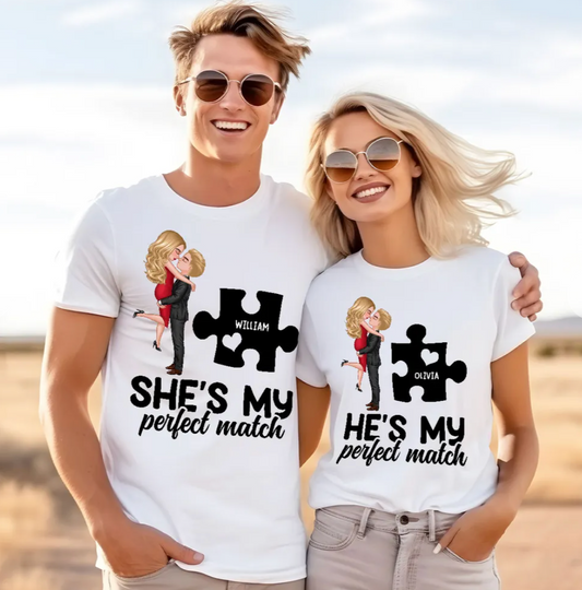 Couple Perfect Match Puzzle Couple Hugging Kissing Valentine‘s Day Personalized Matching Shirts [Set of 2 Shirts]