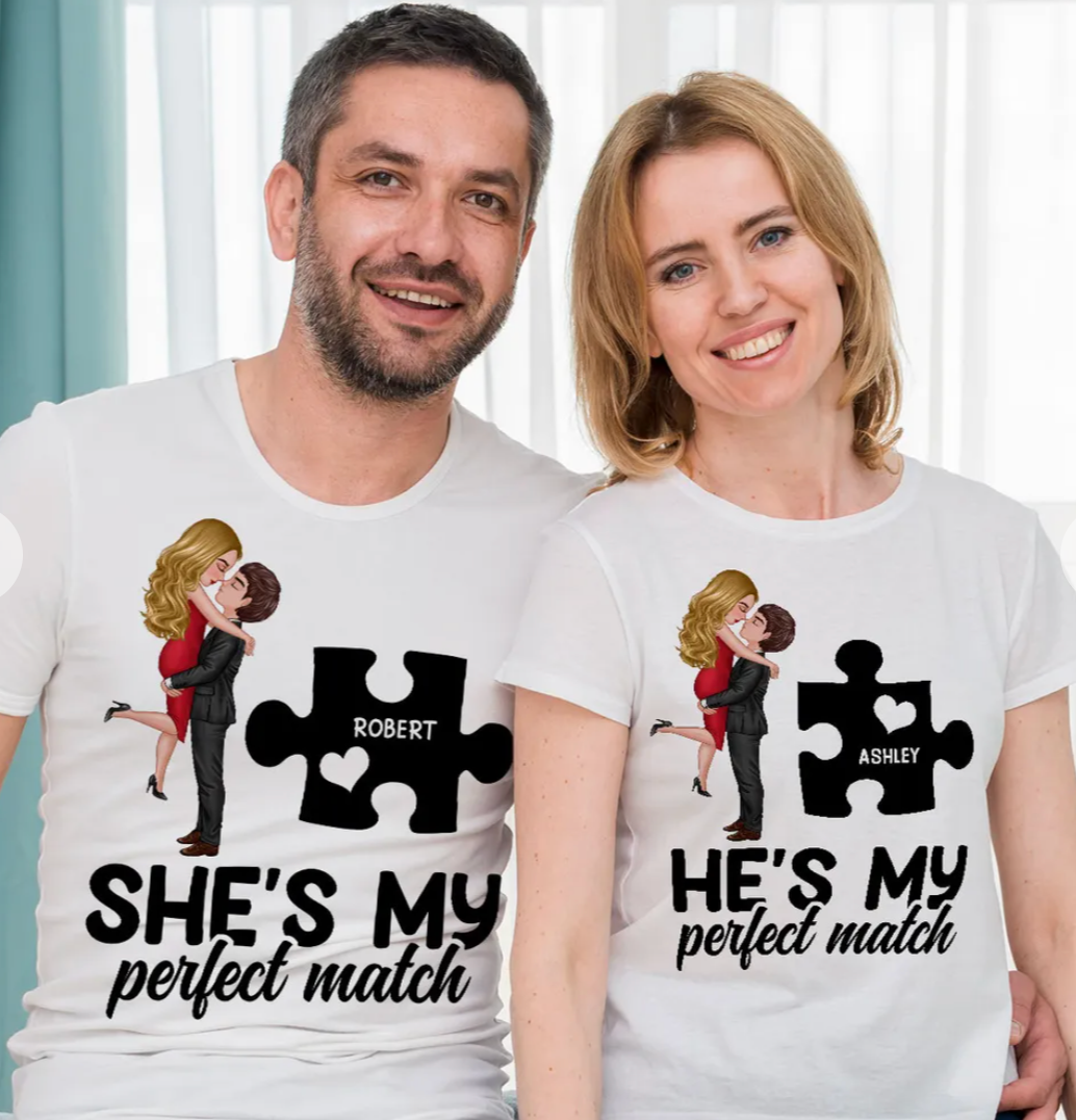 Couple Perfect Match Puzzle Couple Hugging Kissing Valentine‘s Day Personalized Matching Shirts [Set of 2 Shirts]