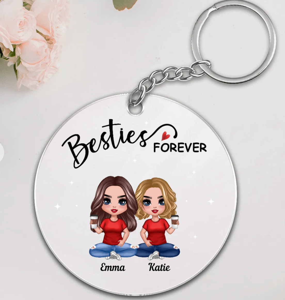 Doll Besties Sitting Always Sisters Besties Forever Personalized Circle Acrylic Keychain