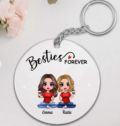 Doll Besties Sitting Always Sisters Besties Forever Personalized Circle Acrylic Keychain