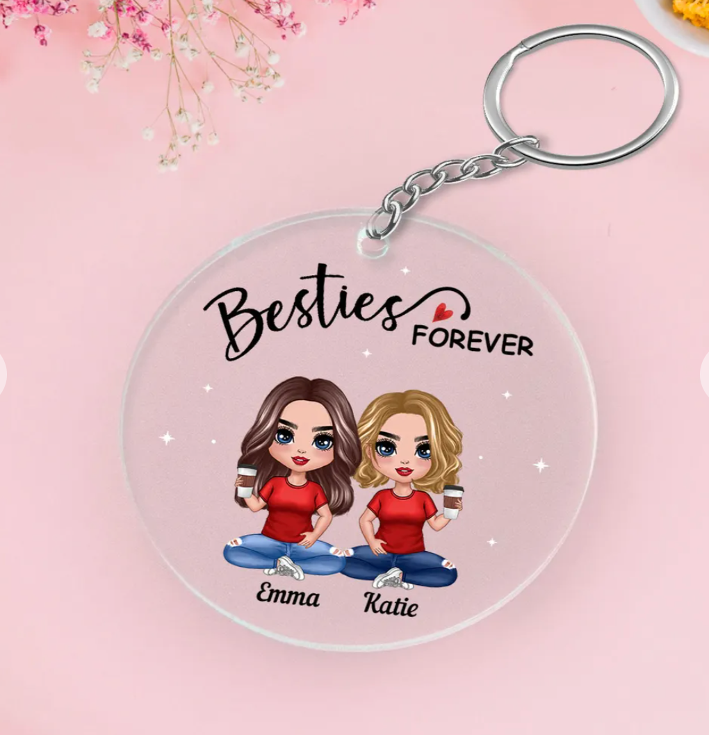 Doll Besties Sitting Always Sisters Besties Forever Personalized Circle Acrylic Keychain