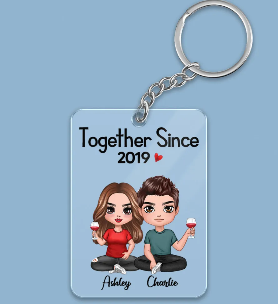 Doll Couple Sitting Together Since Personalized Acrylic Keychain - Anniversary Gift For Couple - Gift For Him, Gift For Her