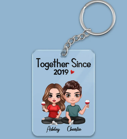 Doll Couple Sitting Together Since Personalized Acrylic Keychain - Anniversary Gift For Couple - Gift For Him, Gift For Her