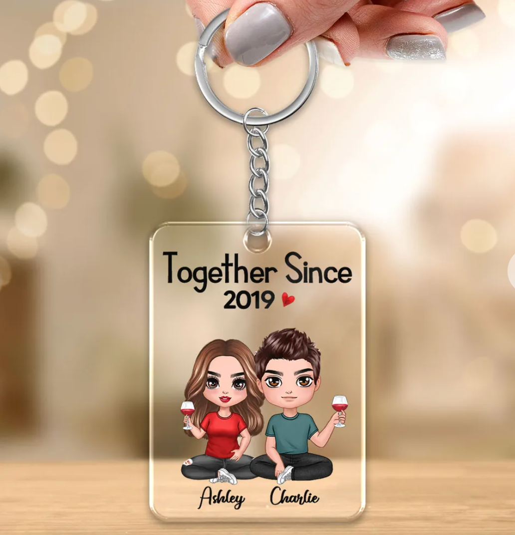 Doll Couple Sitting Together Since Personalized Acrylic Keychain - Anniversary Gift For Couple - Gift For Him, Gift For Her