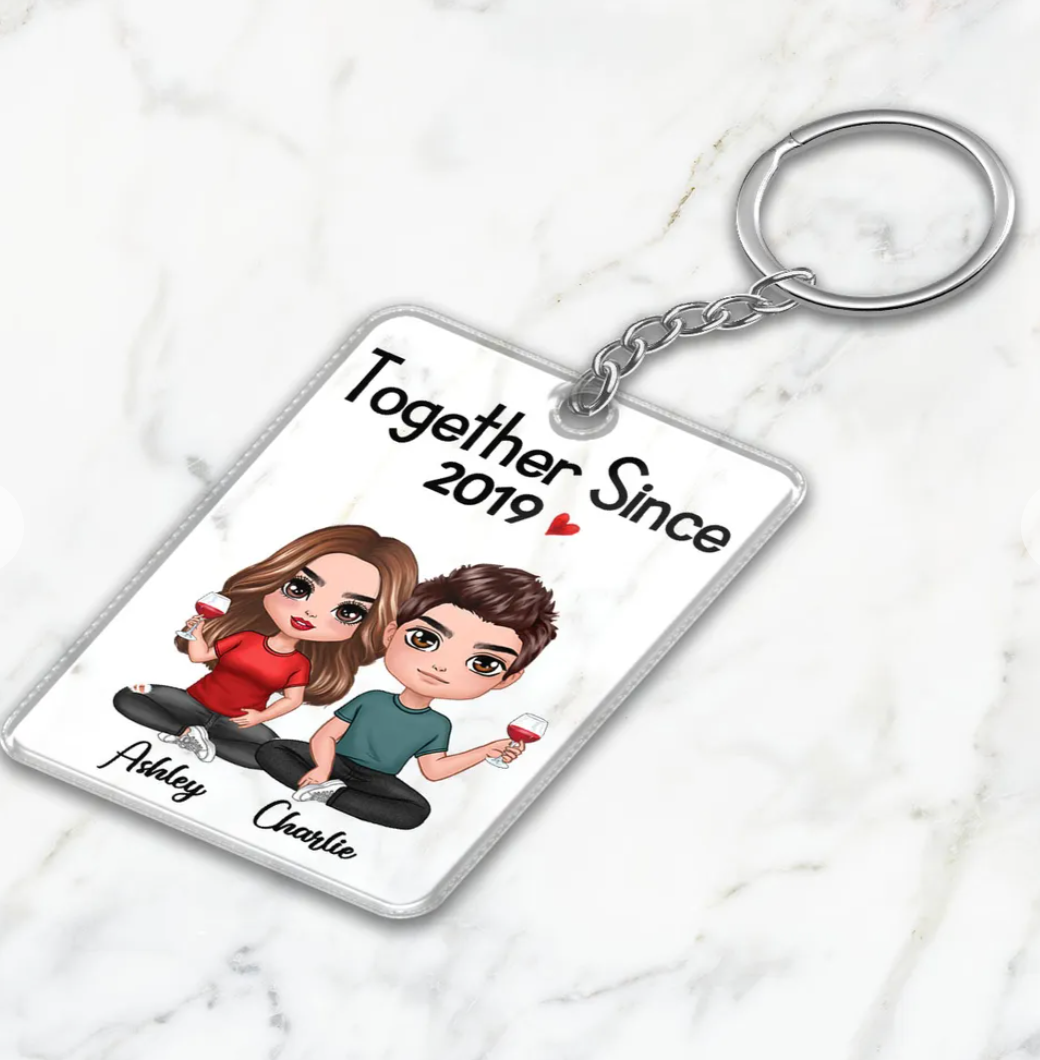Doll Couple Sitting Together Since Personalized Acrylic Keychain - Anniversary Gift For Couple - Gift For Him, Gift For Her