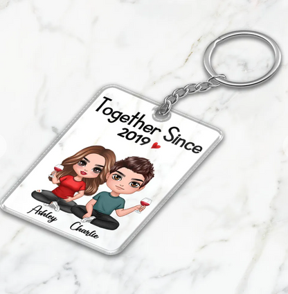 Doll Couple Sitting Together Since Personalized Acrylic Keychain - Anniversary Gift For Couple - Gift For Him, Gift For Her