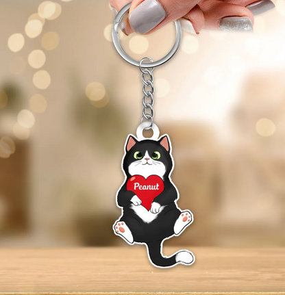 Fluffy Cat Holding Heart Personalized Acrylic Keychain - Gift For Cat Lovers