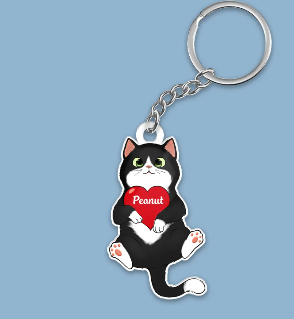 Fluffy Cat Holding Heart Personalized Acrylic Keychain - Gift For Cat Lovers
