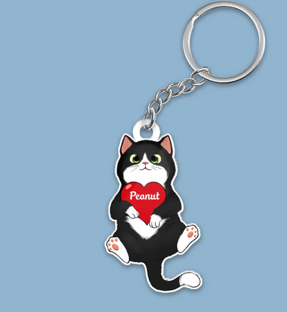 Fluffy Cat Holding Heart Personalized Acrylic Keychain - Gift For Cat Lovers