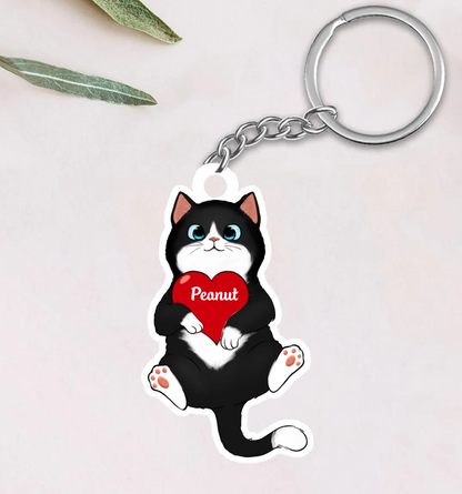 Fluffy Cat Holding Heart Personalized Acrylic Keychain - Gift For Cat Lovers